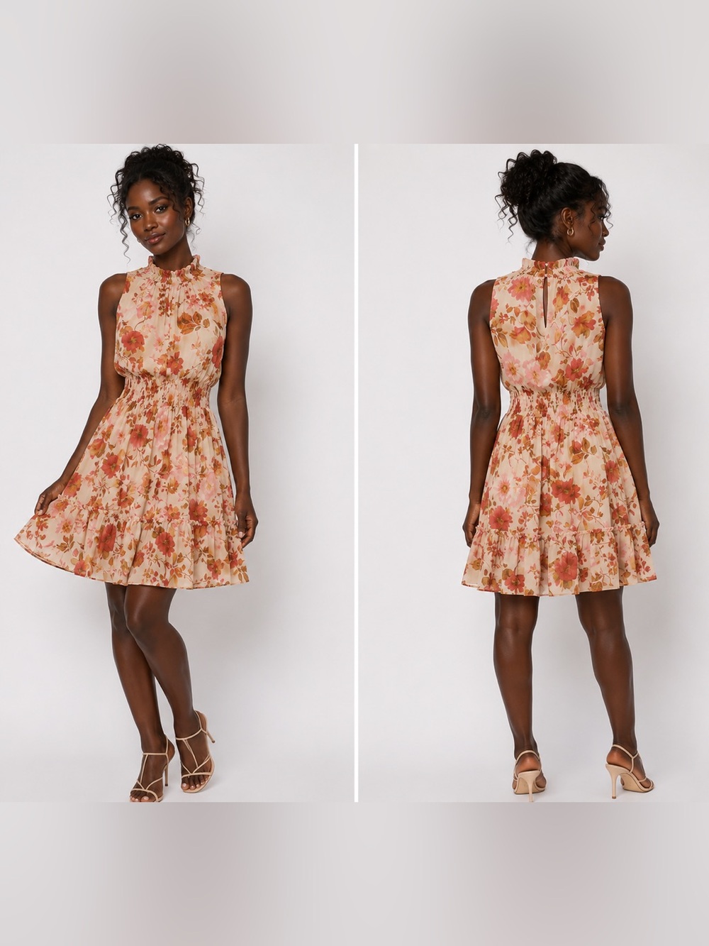 Floral Ruffled Neck Sleeveless Dress - Peach/Pink